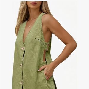 Green Sleeveless Button-Up short set